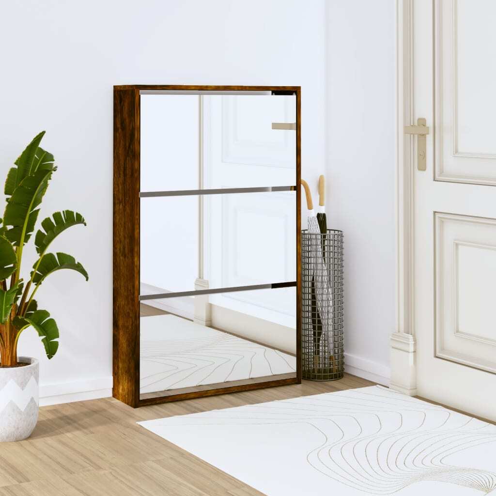 Prestige Smoked Oak Mirror Shoe Cabinet – 3-Layer Elegance