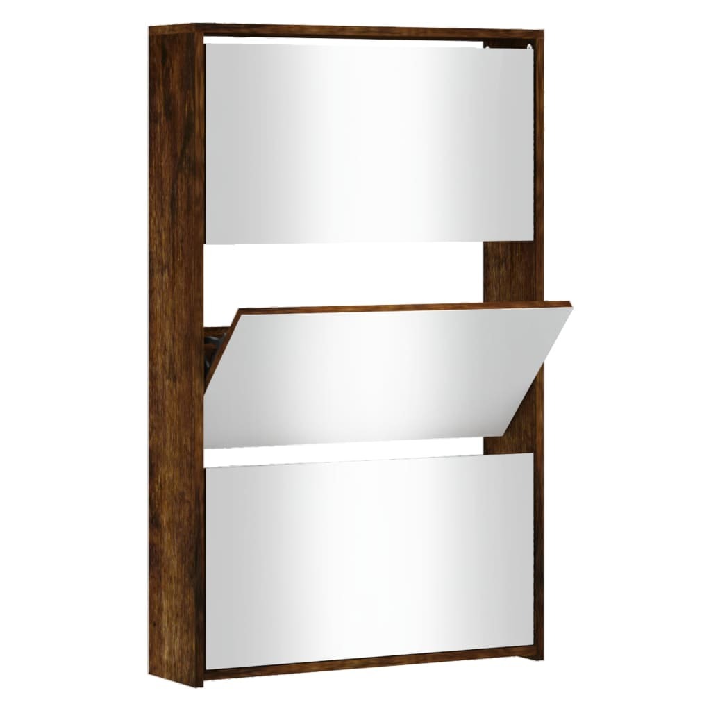Prestige Smoked Oak Mirror Shoe Cabinet – 3-Layer Elegance