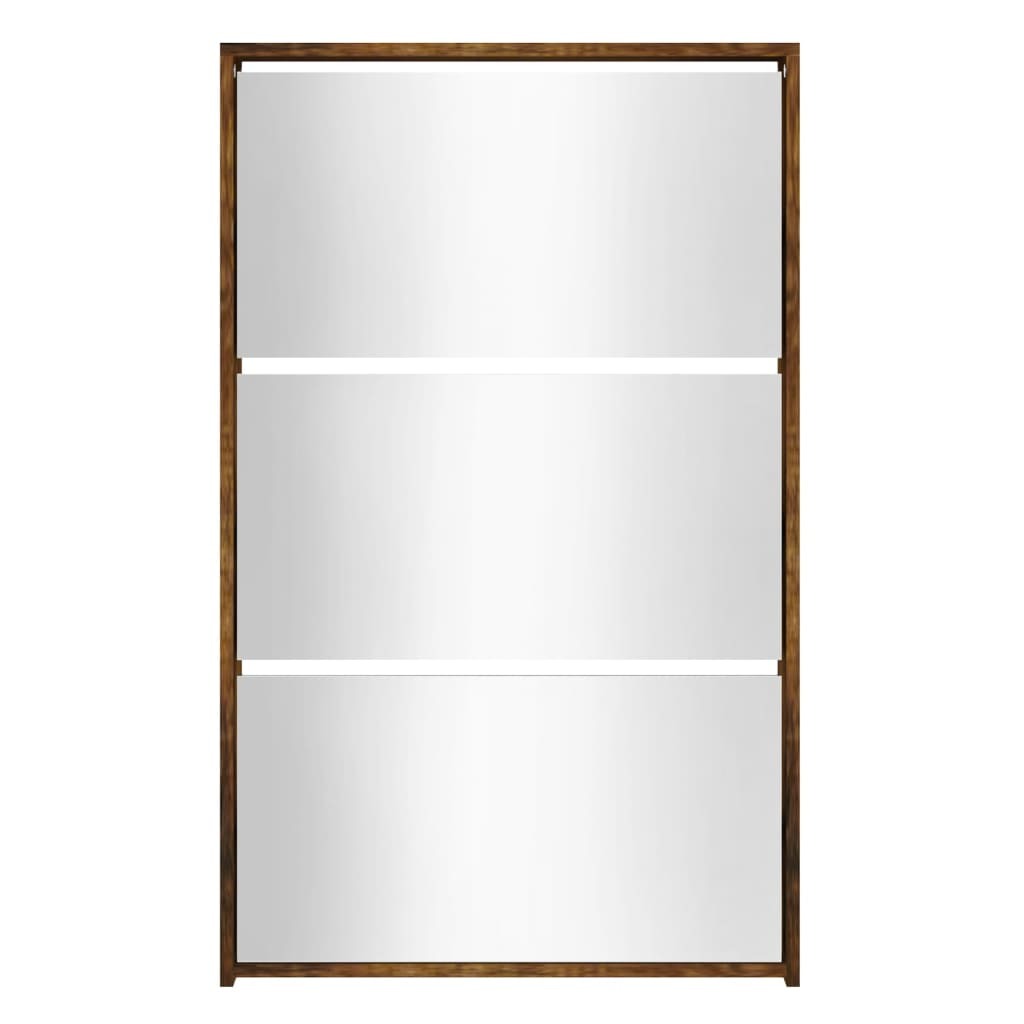 Prestige Smoked Oak Mirror Shoe Cabinet – 3-Layer Elegance