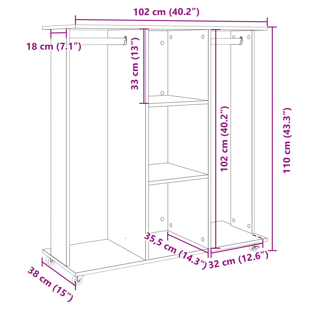 Mafett Wardrobe with Wheels Smoked Oak 102x38x110 cm Engineered Wood