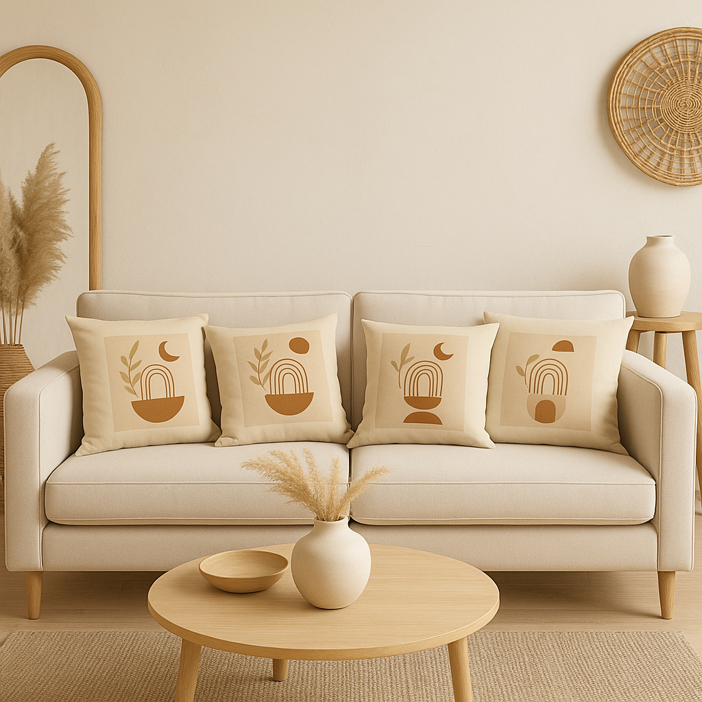 Set of 4 Boho Cushion Covers Minimalist Abstract Designs in Neutral Earthy Tones