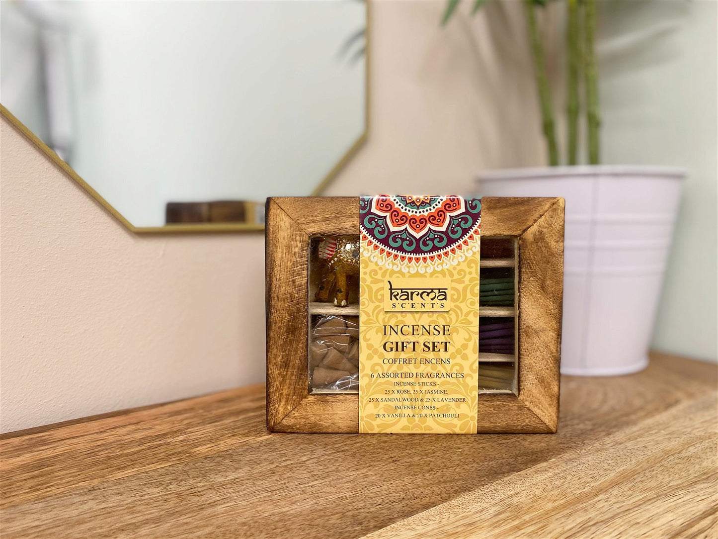 Karma Incense Gift Set Mafett | Elegant Wooden Box with Glass Panel, 100 Assorted Mini Incense Sticks & 40 Cones with Elephant Holder