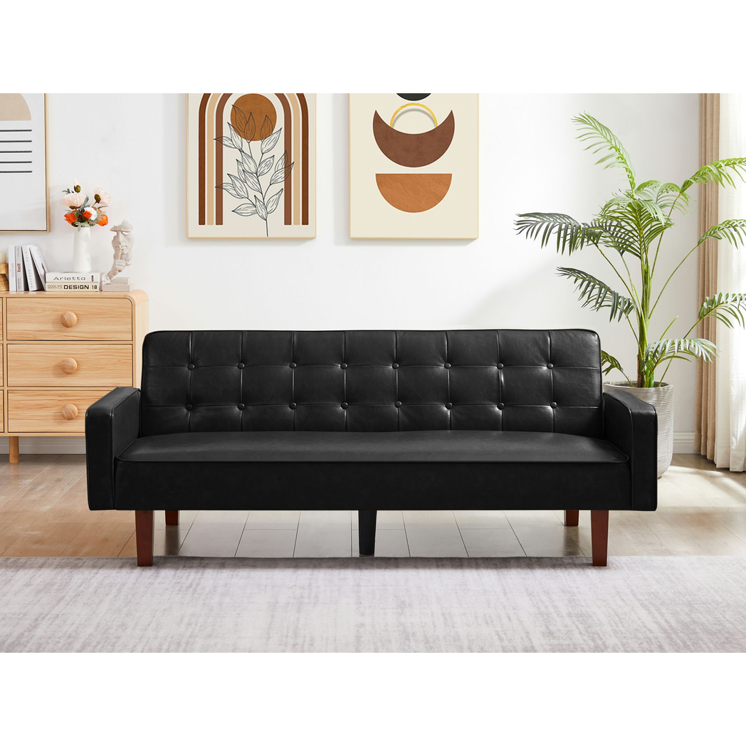 Contemporary Black Convertible Sofa Bed – PU Leather, Tufted Buttons, Removable Wooden Feet