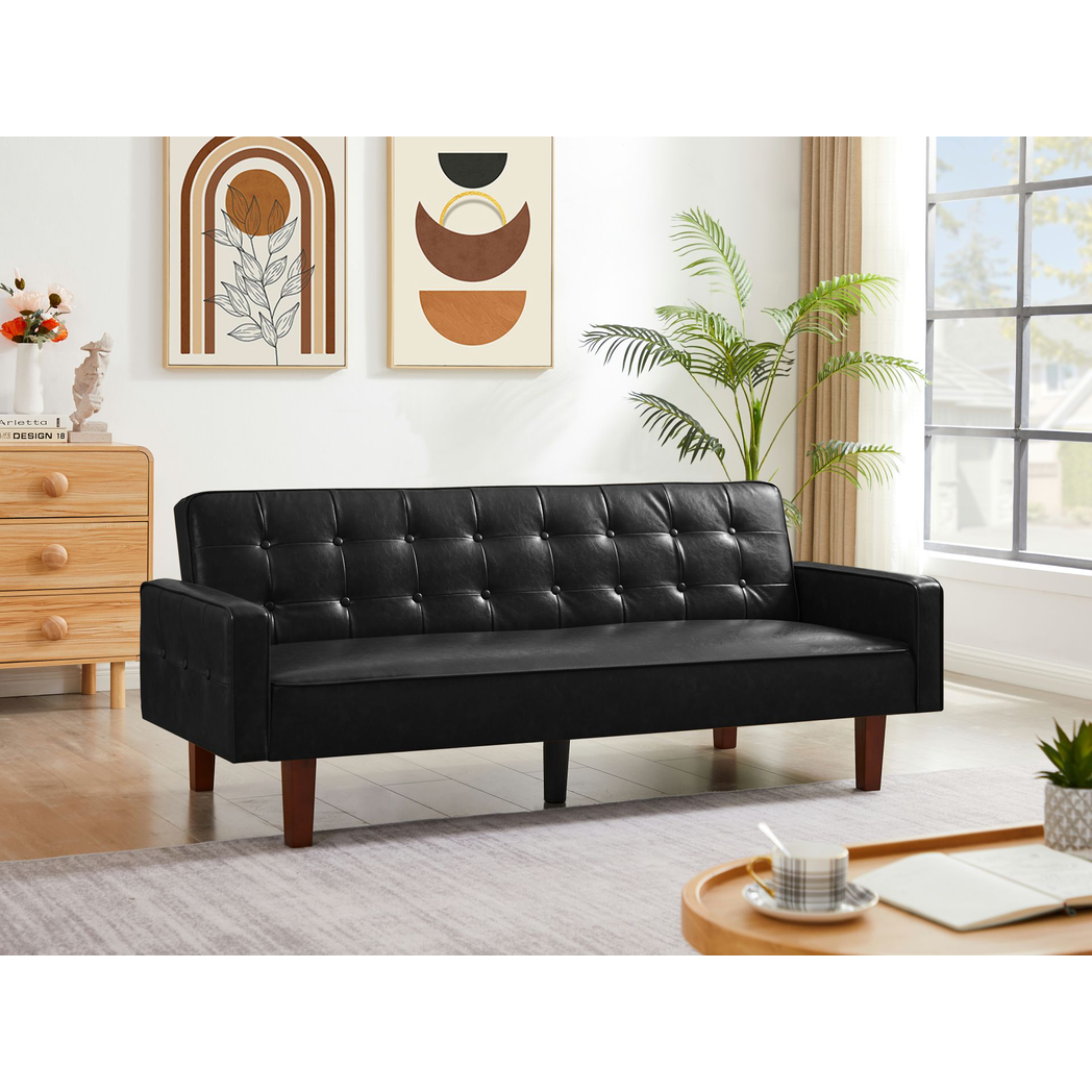 Contemporary Black Convertible Sofa Bed – PU Leather, Tufted Buttons, Removable Wooden Feet