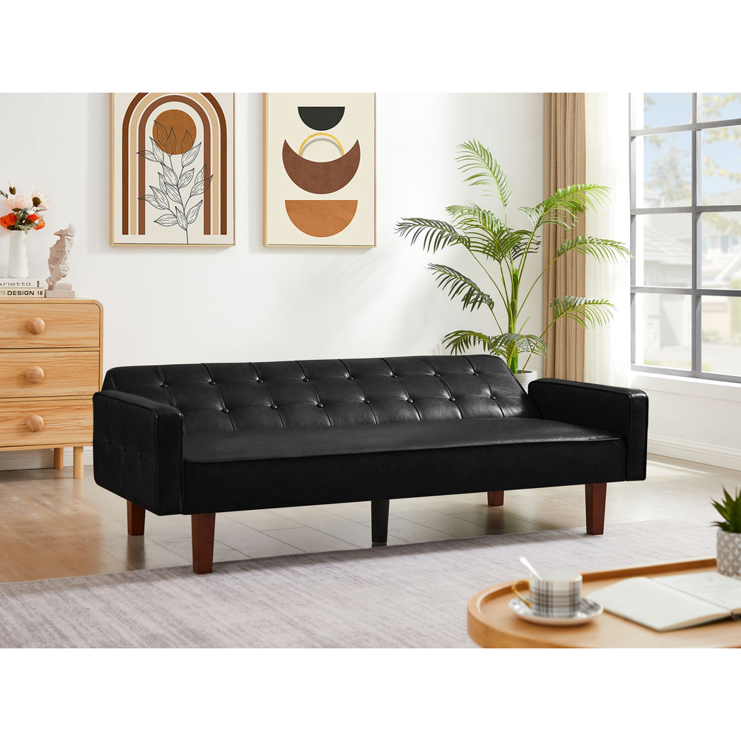 Contemporary Black Convertible Sofa Bed – PU Leather, Tufted Buttons, Removable Wooden Feet