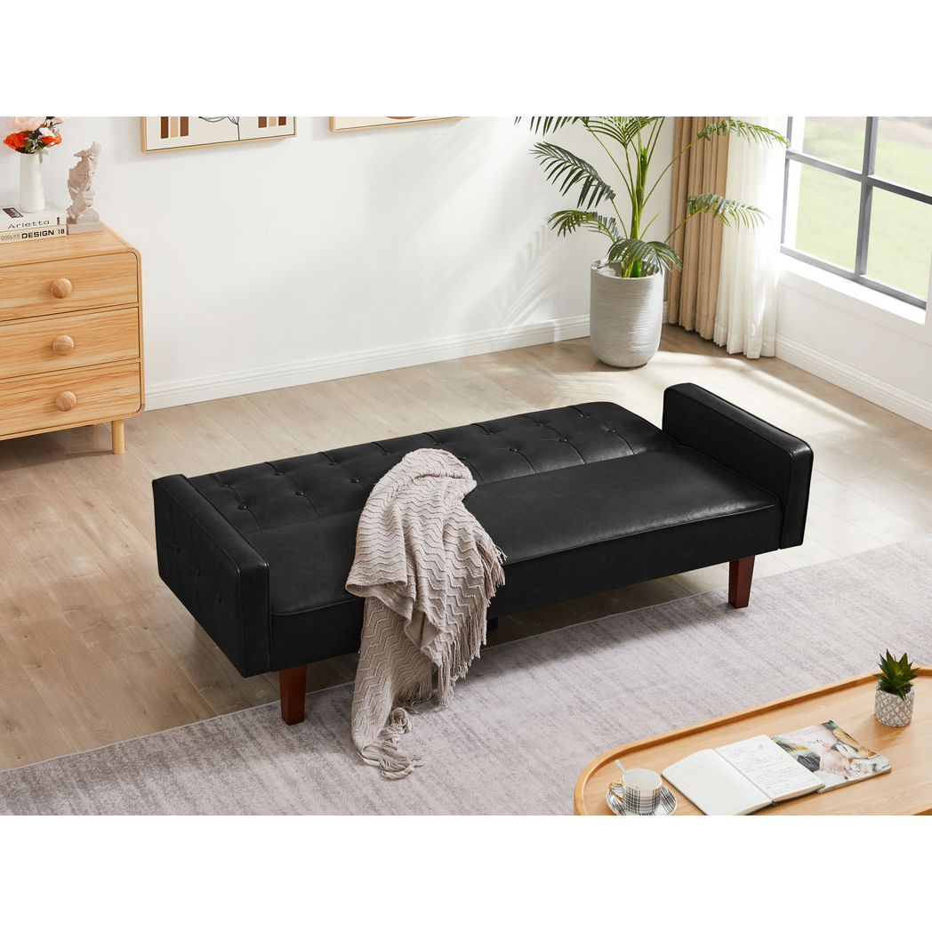 Contemporary Black Convertible Sofa Bed – PU Leather, Tufted Buttons, Removable Wooden Feet