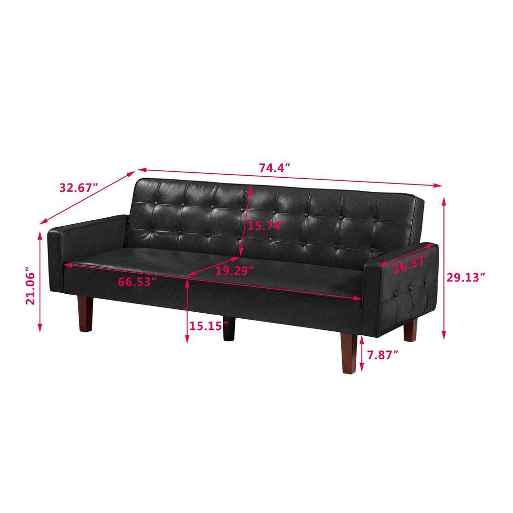 Contemporary Black Convertible Sofa Bed – PU Leather, Tufted Buttons, Removable Wooden Feet