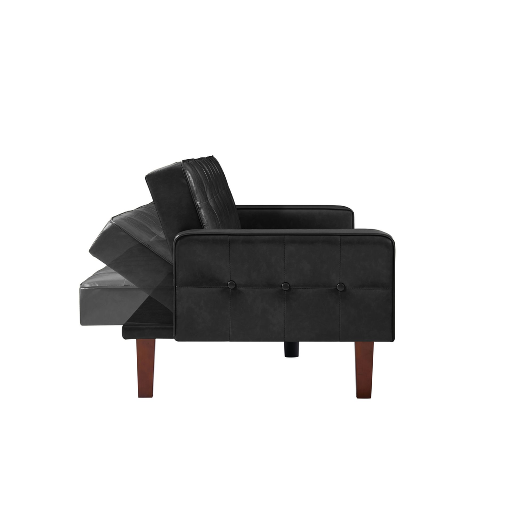 Contemporary Black Convertible Sofa Bed – PU Leather, Tufted Buttons, Removable Wooden Feet
