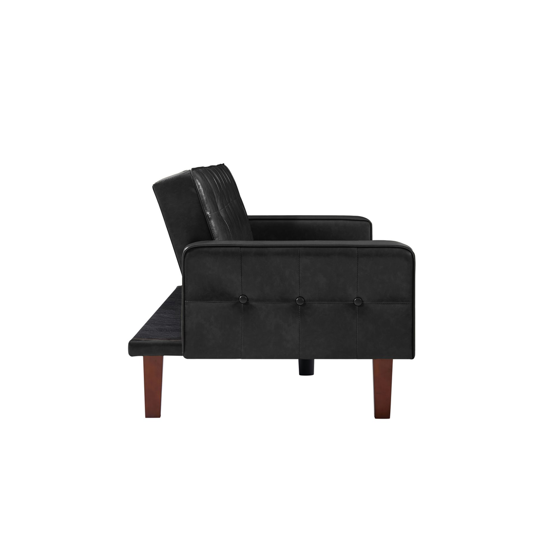 Contemporary Black Convertible Sofa Bed – PU Leather, Tufted Buttons, Removable Wooden Feet
