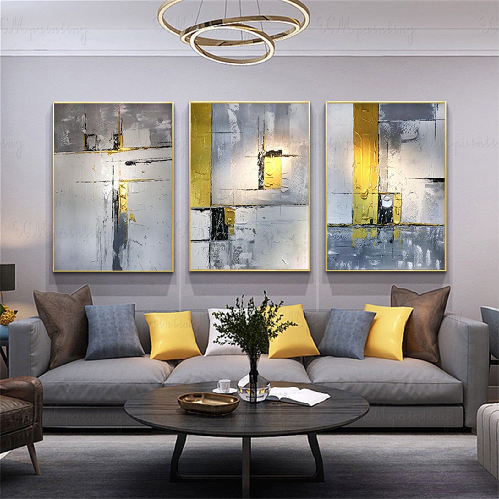 Set of 3 Modern Abstract Wall Art Yellow Grey  White Geometric Prints