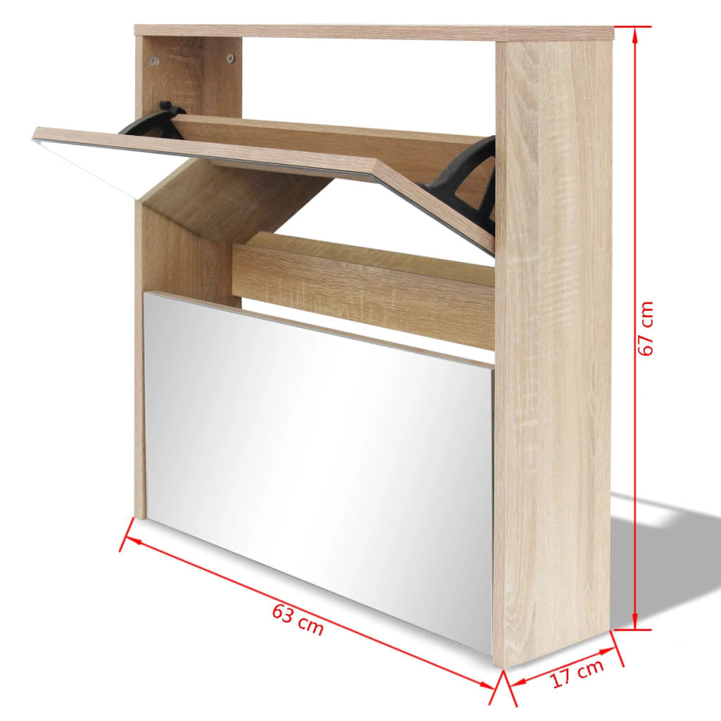 Celeste Oak Mirror Shoe Cabinet – 2-Layer Storage Elegance