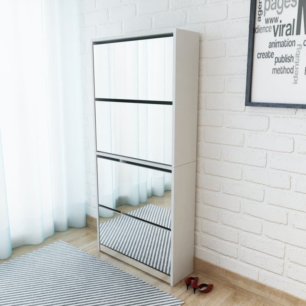 Opaline White Mirror Shoe Cabinet – 4-Layer Storage Elegance