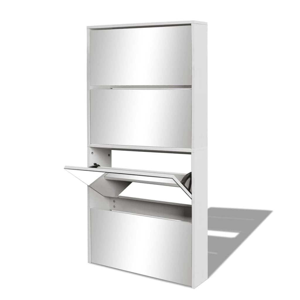 Opaline White Mirror Shoe Cabinet – 4-Layer Storage Elegance