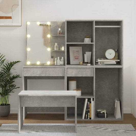 Mafett Dressing Table Set with LED Concrete Grey Engineered Wood and Stool