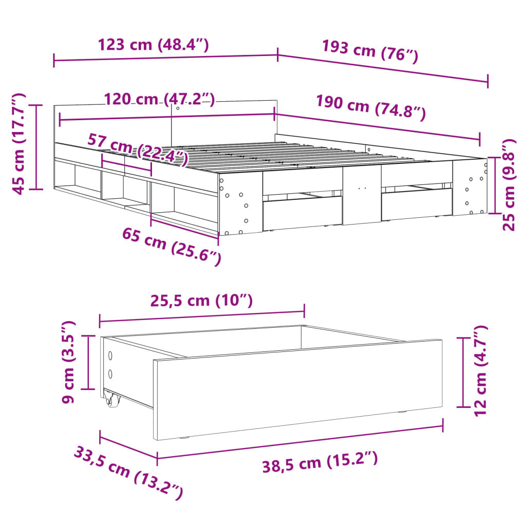 Bed Frame with Drawers Black 120x190 cm Small Double Engineered Wood