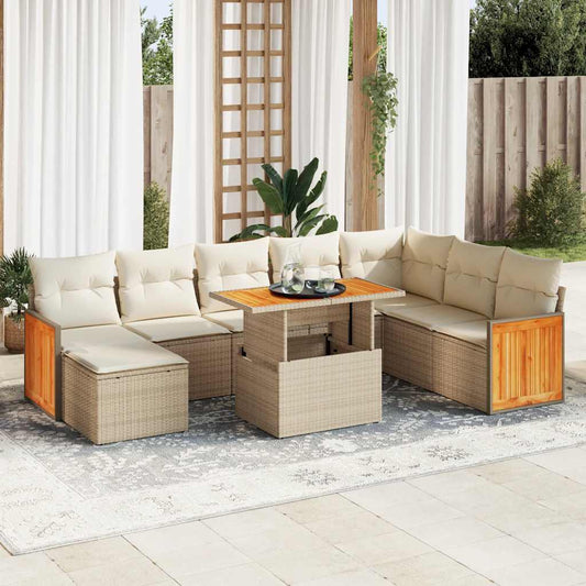 Modular 9 Piece Garden Sofa Set with Cushions Beige Poly Rattan Acacia