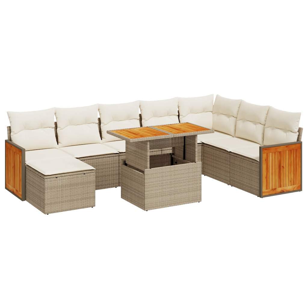 Modular 9 Piece Garden Sofa Set with Cushions Beige Poly Rattan Acacia