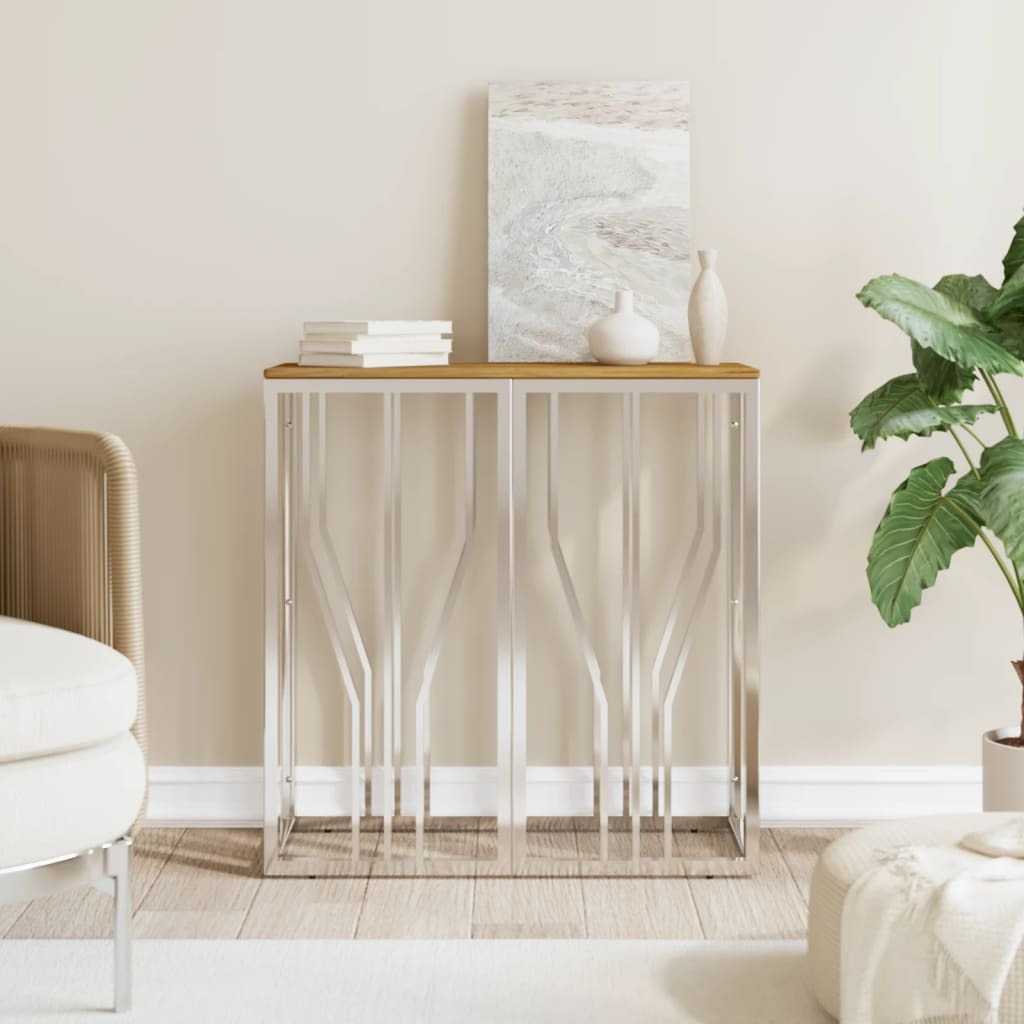 Mafett Console Table Silver Stainless Steel and Solid Wood Acacia