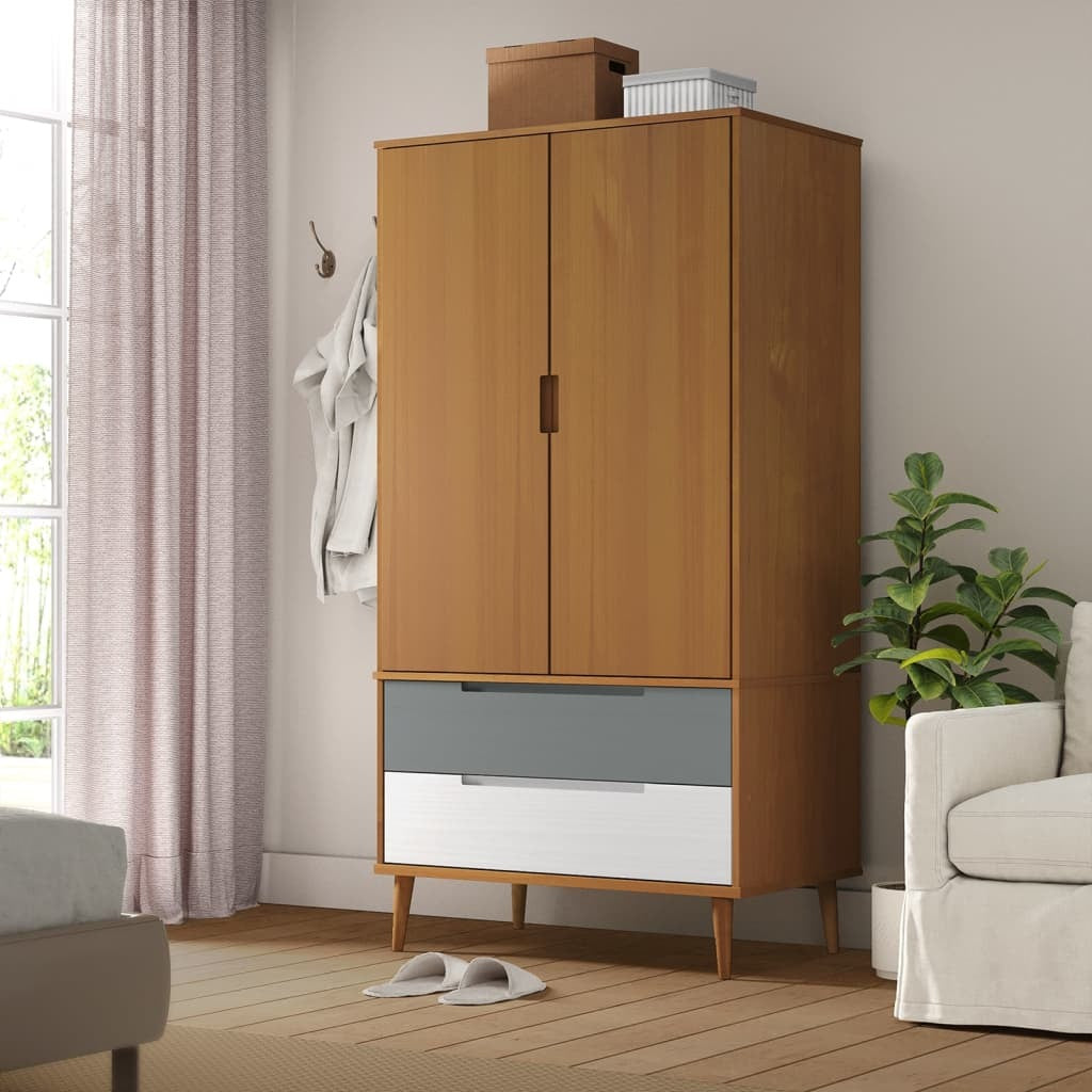 Scandinavian Design Molde Wardrobe – Brown Finish Solid Pine Wood Construction