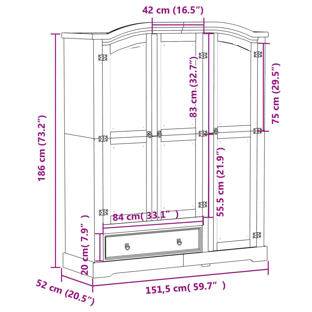 Classic Wooden Corona Wardrobe – 151.5x52x186 cm, Solid Pine Wood Construction
