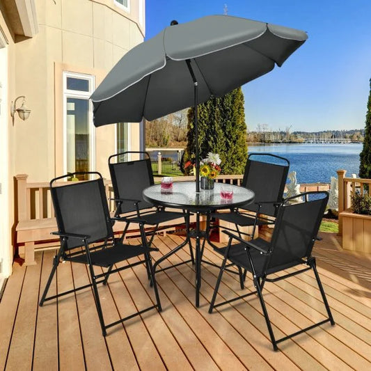 6-Piece Patio Dining Set with Folding Chairs and Tempered Glass Table