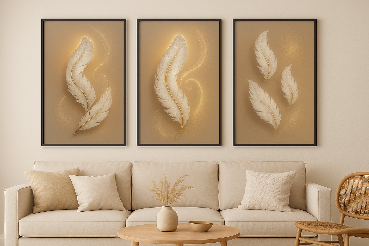 Set of 3 Luxury Art Prints Golden Feather Symphony Gold Cream Feather Artwork