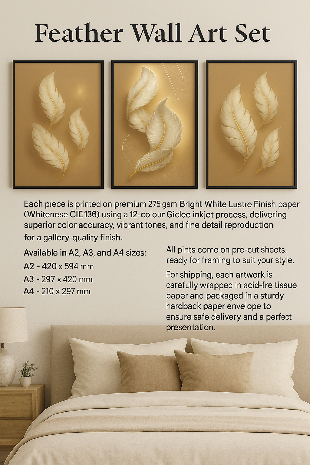 Set of 3 Luxury Art Prints Golden Feather Symphony Gold Cream Feather Artwork