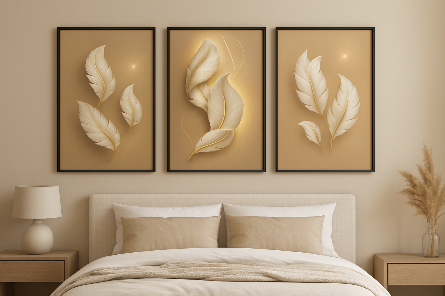 Set of 3 Luxury Art Prints Golden Feather Symphony Gold Cream Feather Artwork