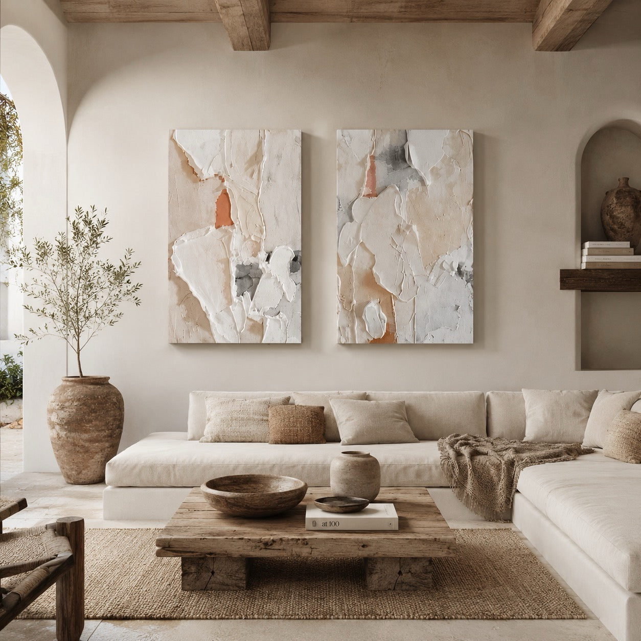 Mediterranean Abstract Neutral 2 Panel Canvas Wall Art