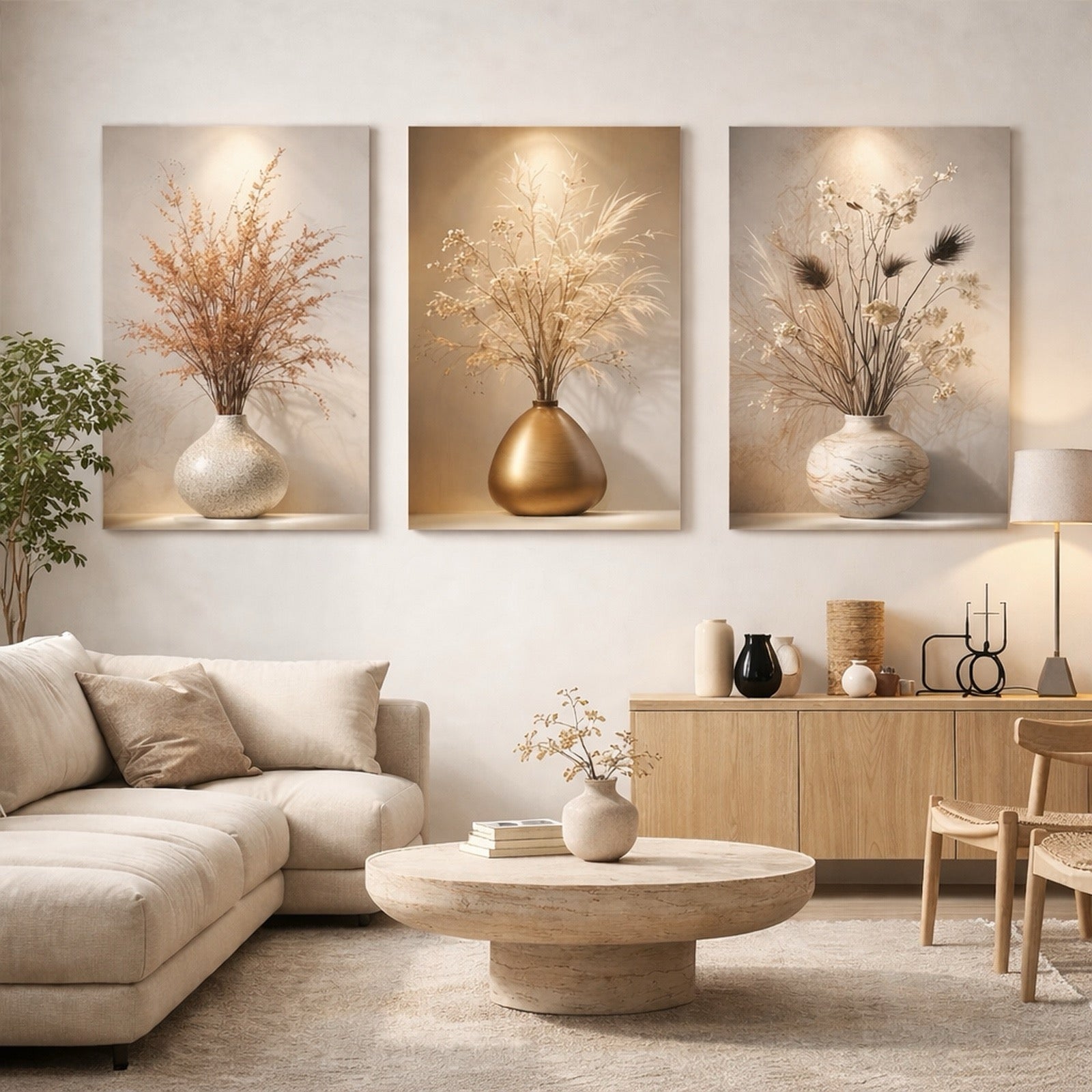 Premium 3 Panel Botanical Canvas Wall Art | Neutral Dried Floral Triptych Prints