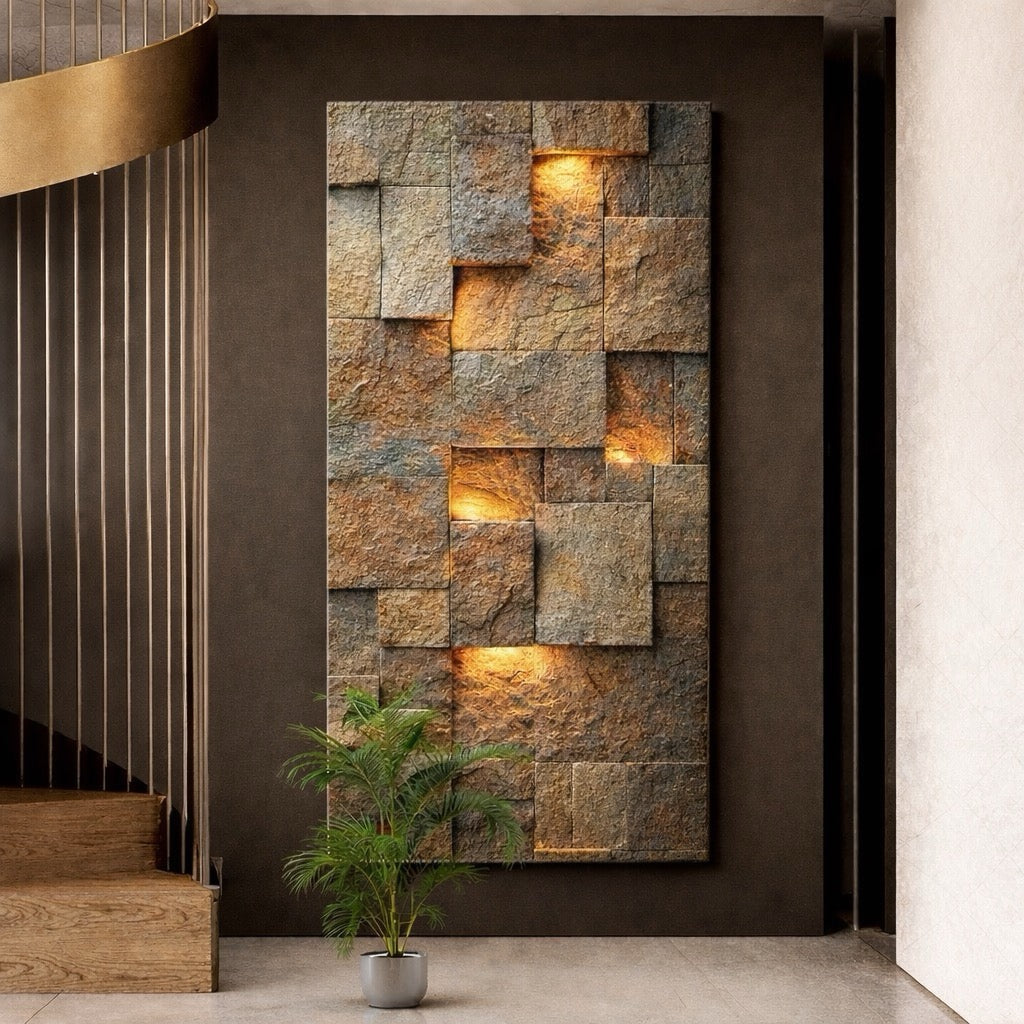 Stone Texture Effect Canvas Wall Art - Modern Geometric Architectural Print