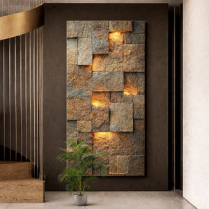 Luxury stacked stone texture canvas wall art with warm gold lighting