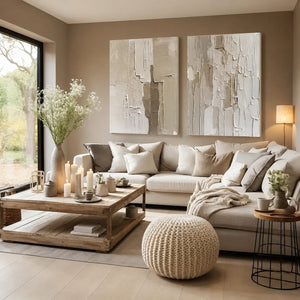 Set of 2 Beige Abstract Canvas Wall Art Prints - Modern Neutral Home Decor