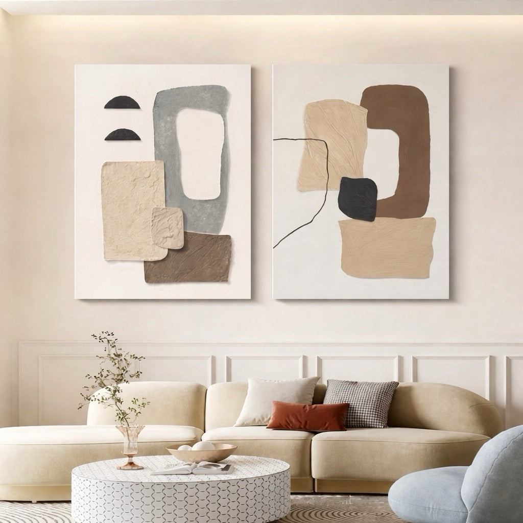 Contemporary Abstract Canvas Wall Art Set of 2 - Beige Neutral Modern Home Decor