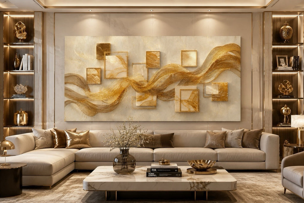 Large Luxury Gold Abstract Canvas Wall Art - Modern Gold Wave