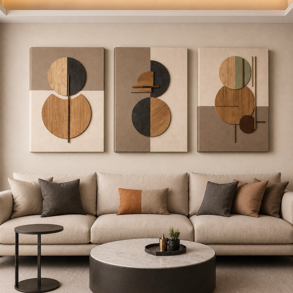 Modern Abstract Wall Art Canvas Set of 3 - Neutral Beige Brown Geometric Circle Prints