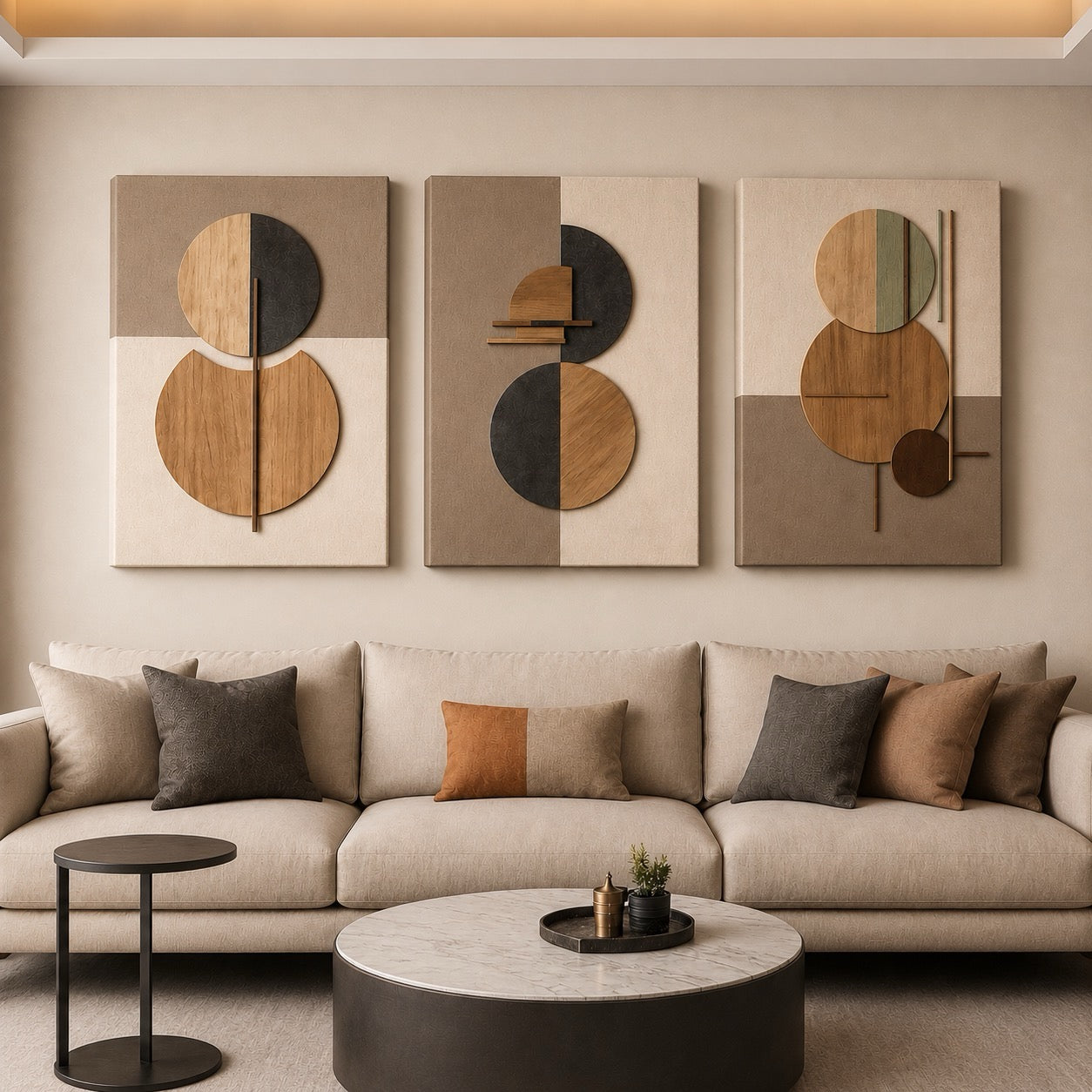 Modern Abstract Wall Art Canvas Set of 3 - Neutral Beige Brown Geometric Circle Prints