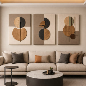 Modern Abstract Wall Art Canvas Set of 3 - Neutral Beige Brown Geometric Circle Prints
