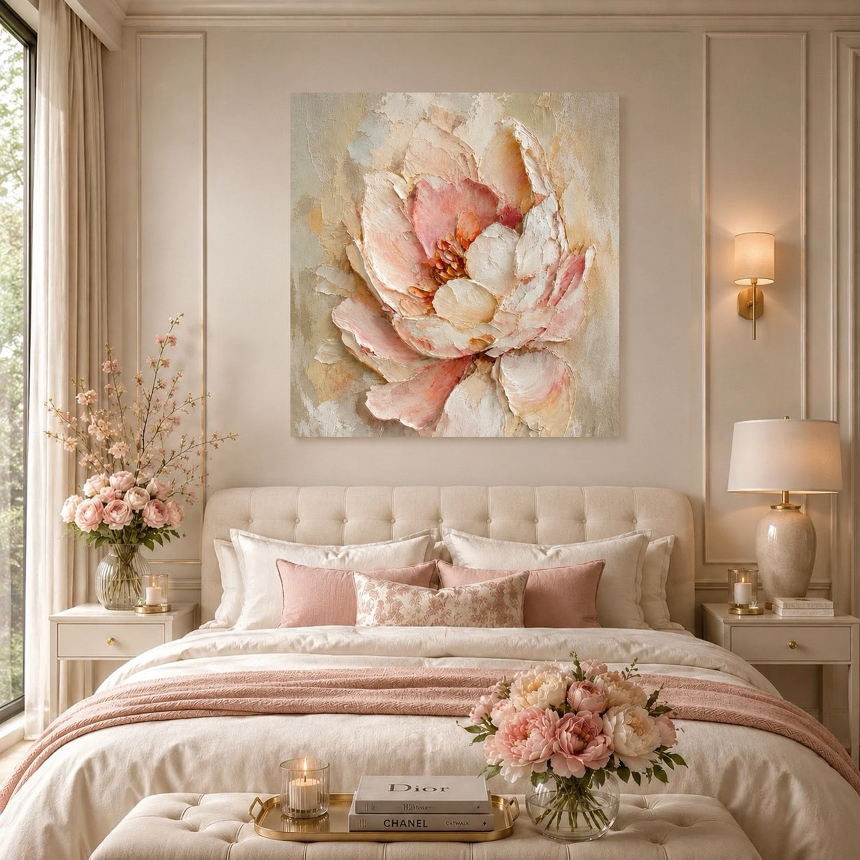 Luxury Ethereal Blossom Floral Canvas Wall Art Neutral Beige Print