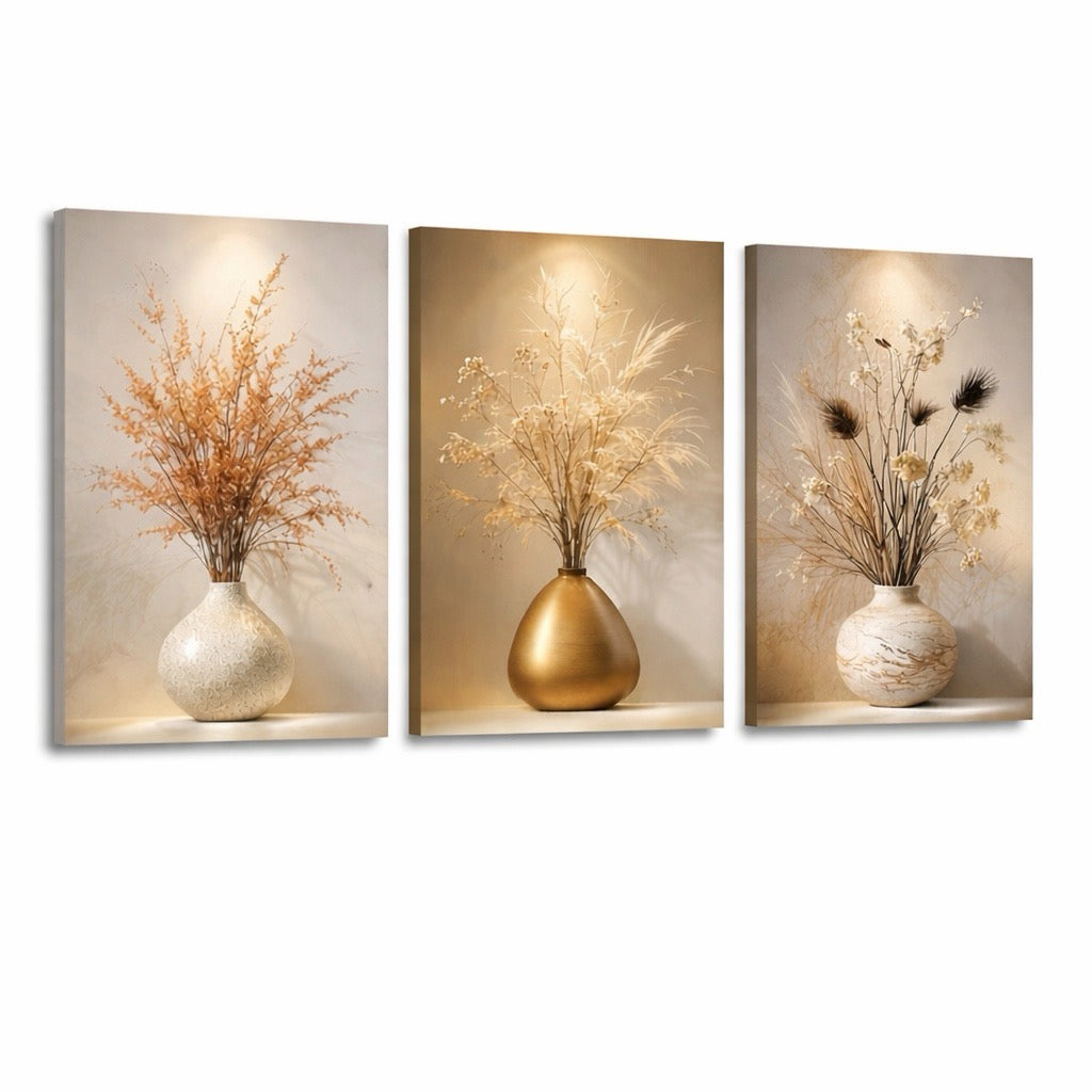 Premium 3 Panel Botanical Canvas Wall Art | Neutral Dried Floral Triptych Prints