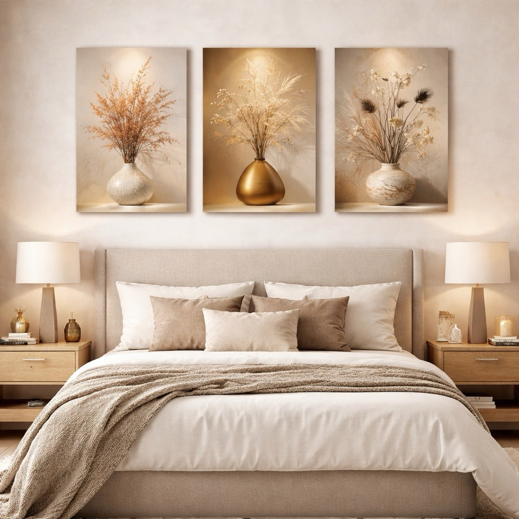 Premium 3 Panel Botanical Canvas Wall Art | Neutral Dried Floral Triptych Prints