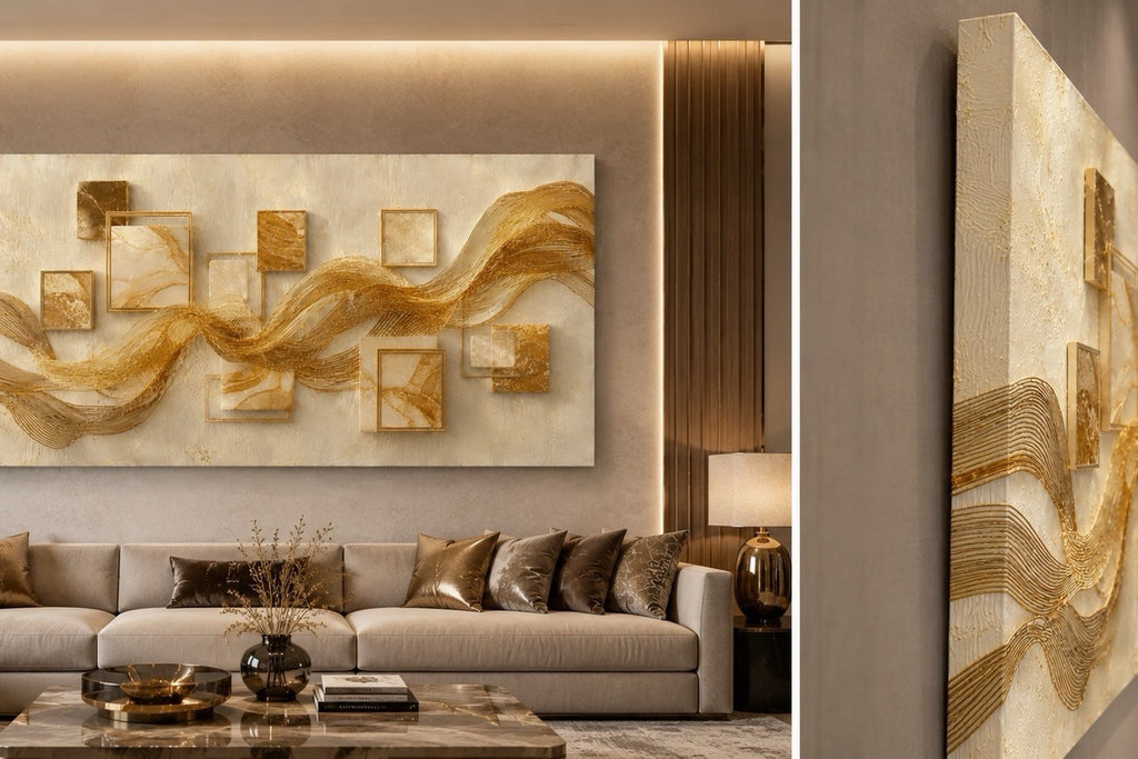 Large Luxury Gold Abstract Canvas Wall Art - Modern Gold Wave