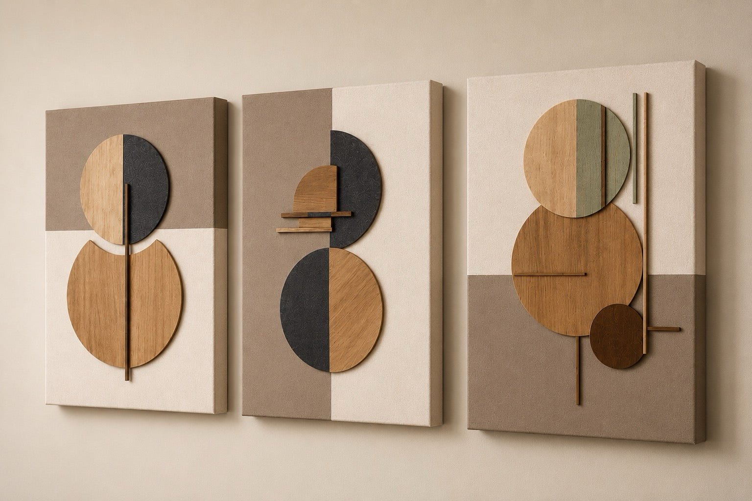 Modern Abstract Wall Art Canvas Set of 3 - Neutral Beige Brown Geometric Circle Prints