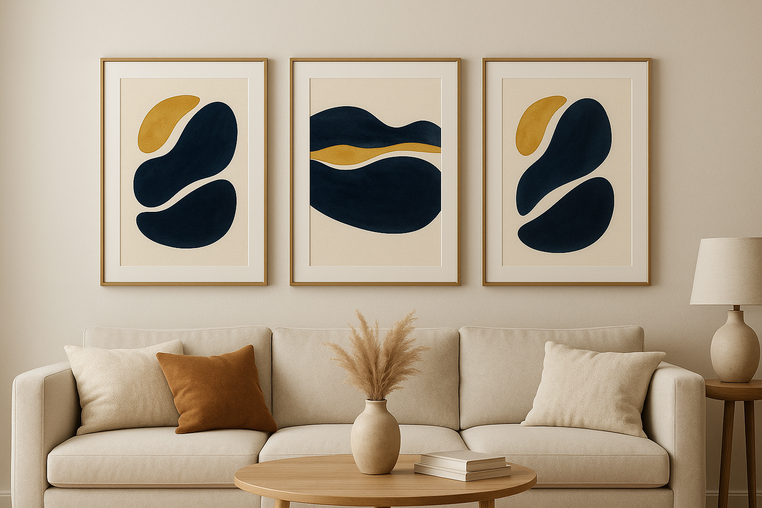 Set of 3 Navy Blue & Gold Abstract Watercolor Wall Art