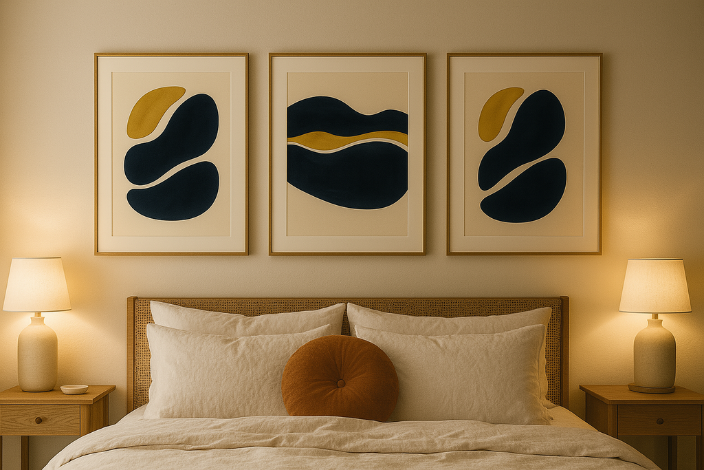 Set of 3 Navy Blue & Gold Abstract Watercolor Wall Art