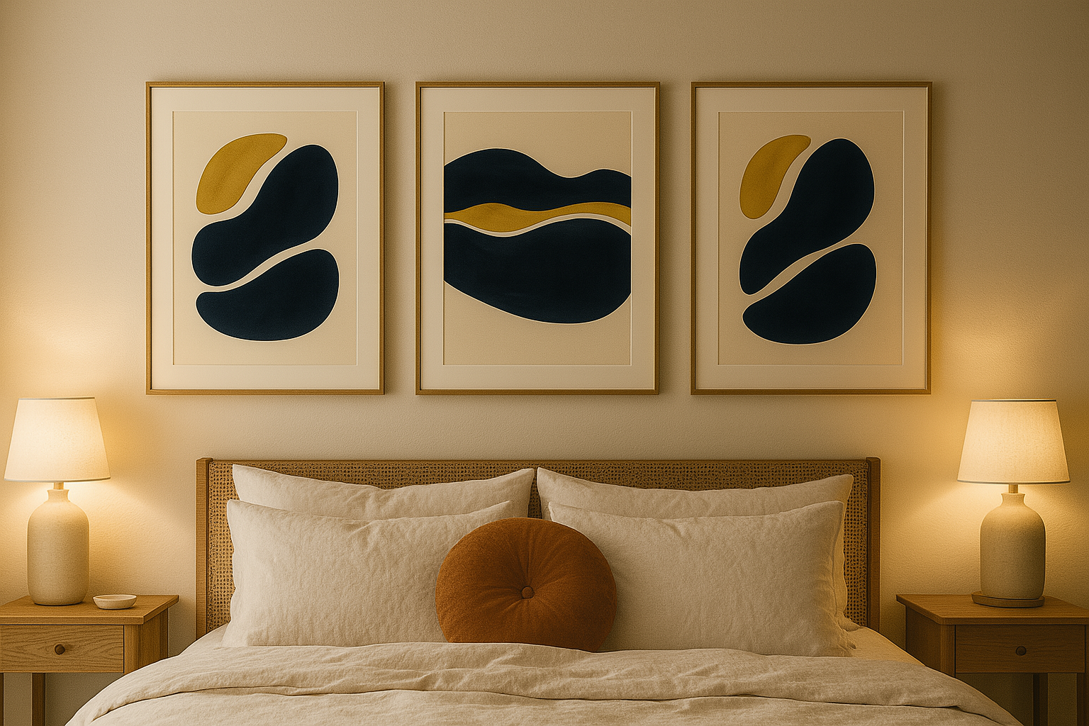 Set of 3 Navy Blue & Gold Abstract Watercolor Wall Art