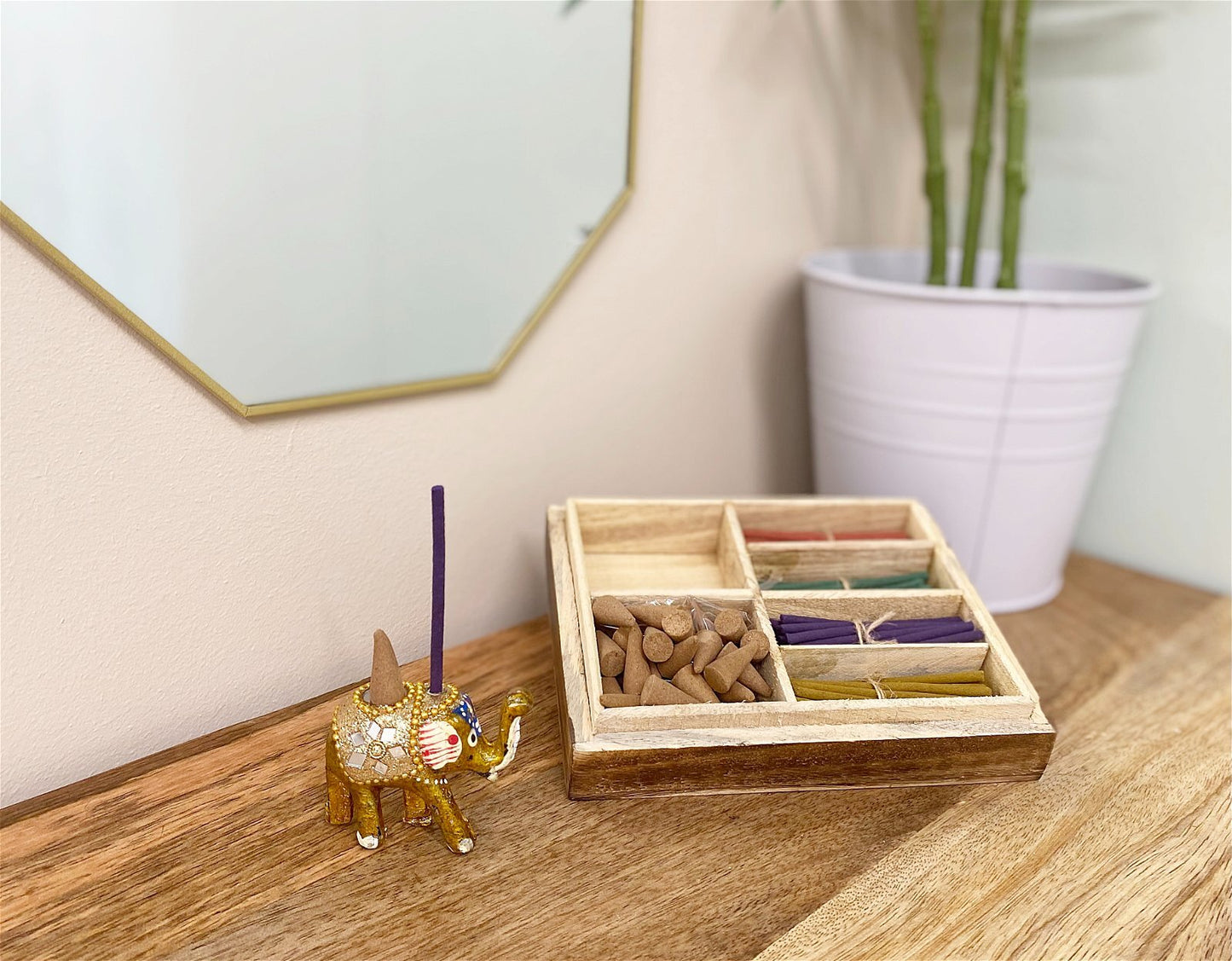 Karma Incense Gift Set Mafett | Elegant Wooden Box with Glass Panel, 100 Assorted Mini Incense Sticks & 40 Cones with Elephant Holder