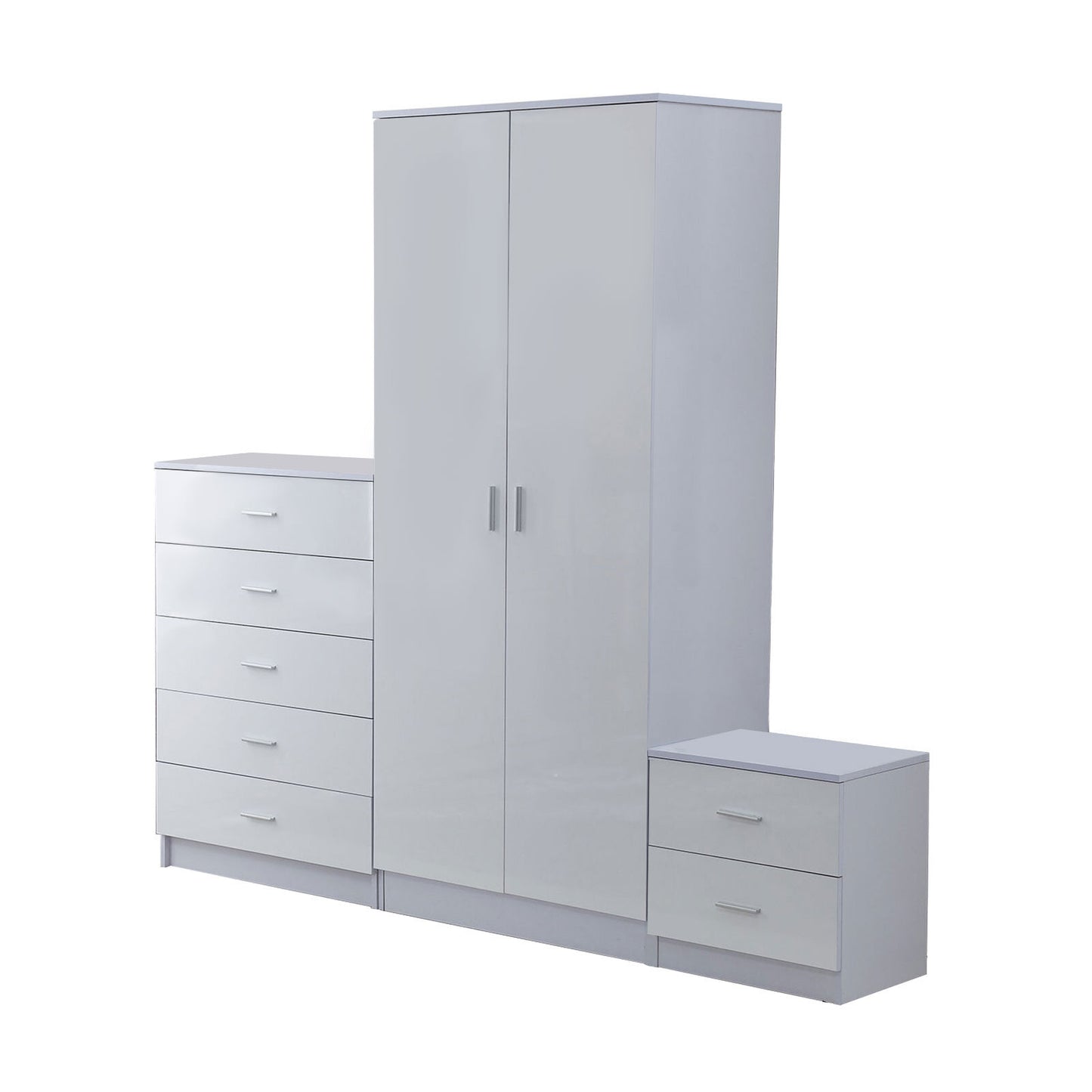 Richmond Tall White High-Gloss Wardrobe Set – 3-Piece with Chest & 7-Drawer Bedside Table