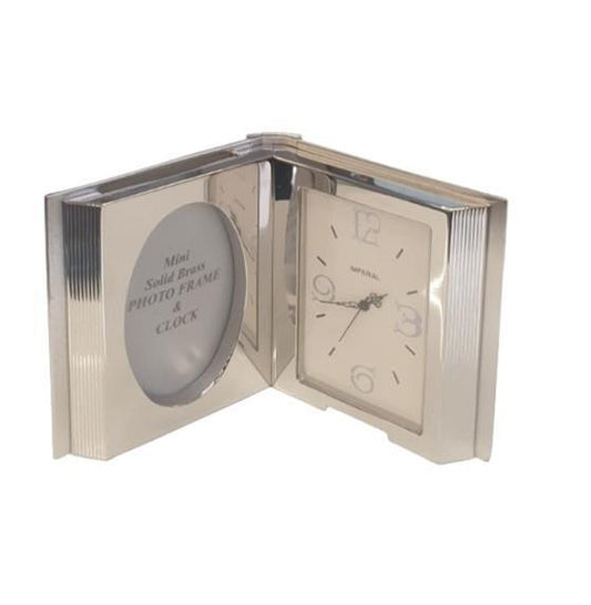 Miniature Clock Silvertone Photo Frame & Clock Solid Brass IMP100S - CLEARANCE NEEDS RE-BATTERY