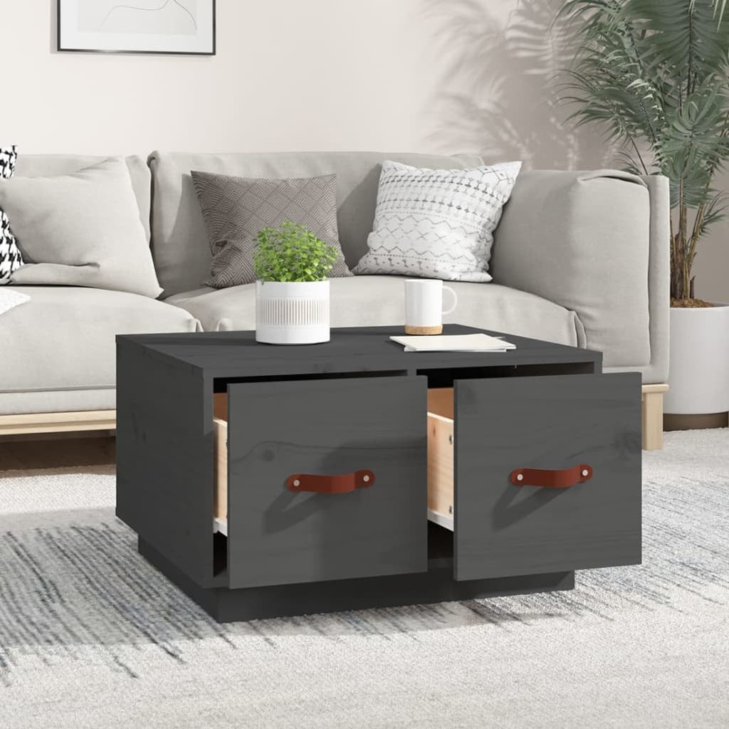 Mafett Solid Pine Wood Coffee Table – 60x53x35 cm with Faux Leather Accents, Modern Grey Finish